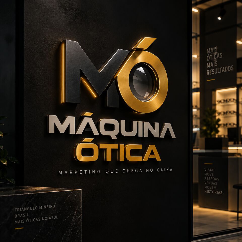 Letreiro metálico da Máquina Ótica, com o Ó dourado em forma de lente, ao lado de uma vitrine iluminada com armações.